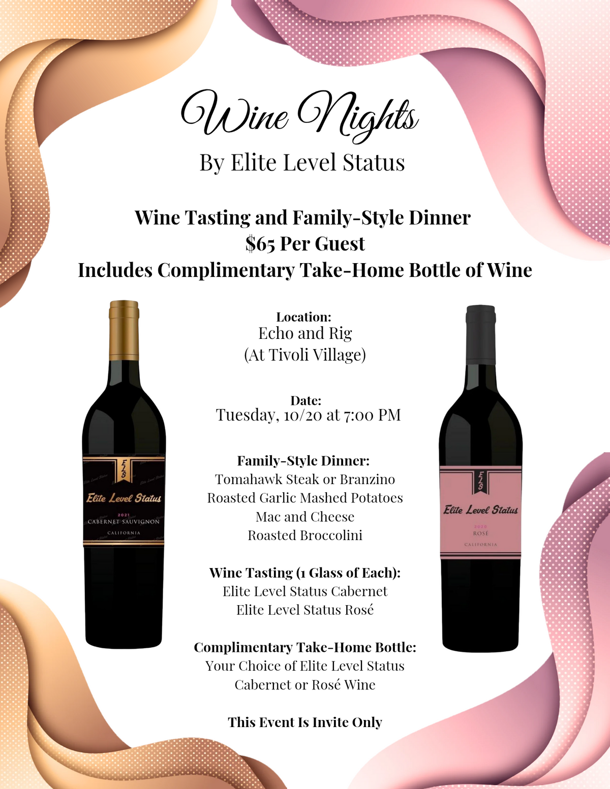 Oct 20: Wine Tasting & Family-Style Dinner at Echo & Rig